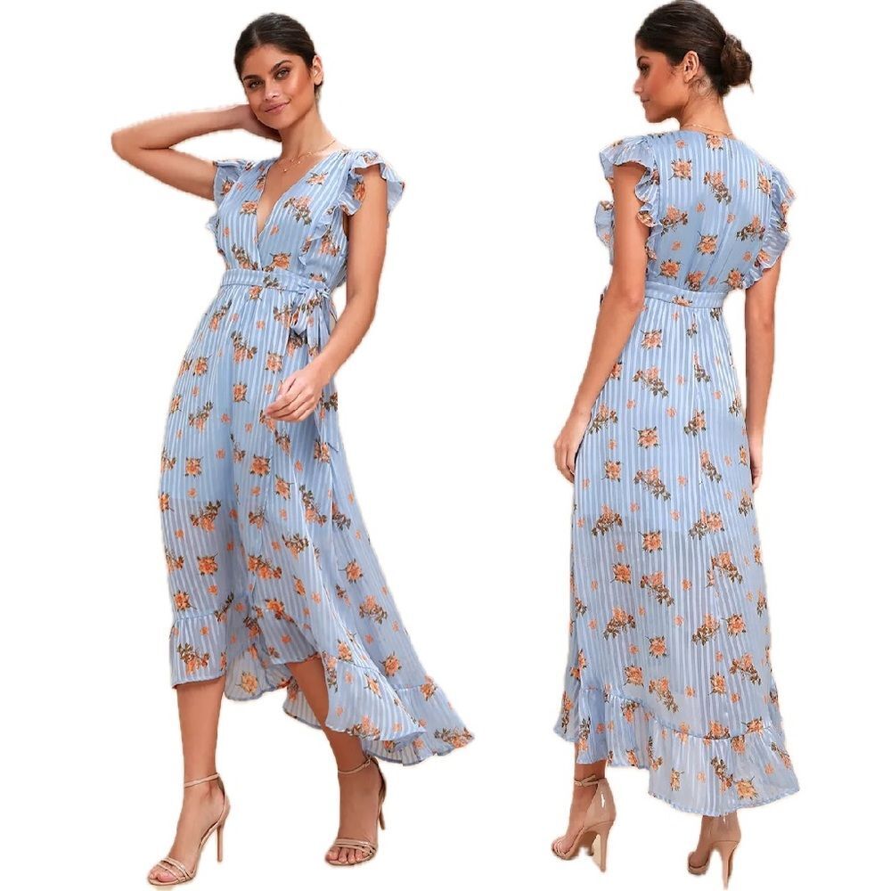 ASTR the Label Lila Light Blue Floral Print Wrap Midi Dress Size Small